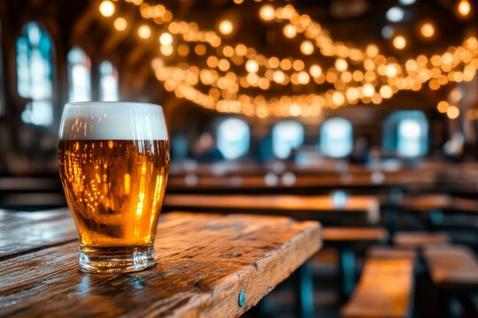 A pint of Guinness sitting on a wooden pub table, with a cozy Irish bar in the background