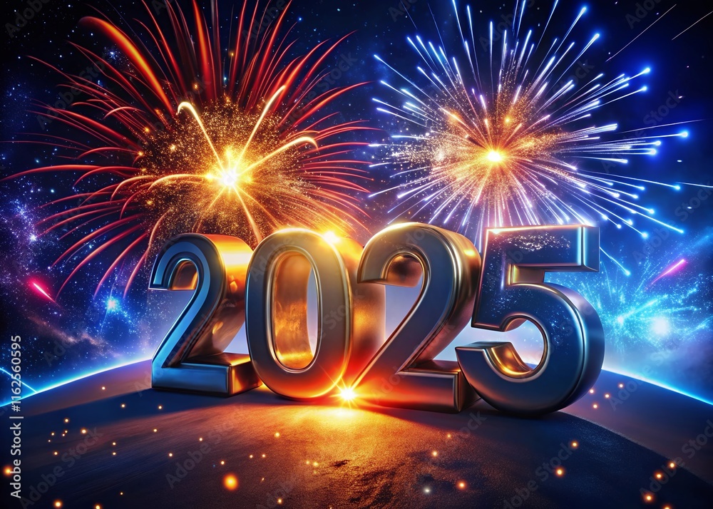 Fototapete Happy New year with numbers 2025 with date on fireworks background and design template.