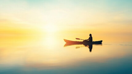 Fototapeta premium Canoeing at Dawn on a Tranquil Lake With Sun Rising Over the Horizon