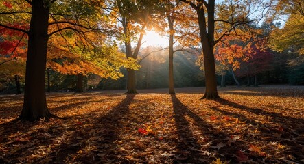 Autumn sun casting shadows on leaflittered ground creating a tapestry of light and color