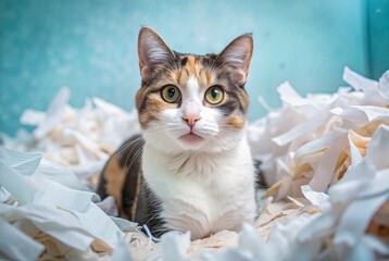 Calico cat surrounded by tissue papers