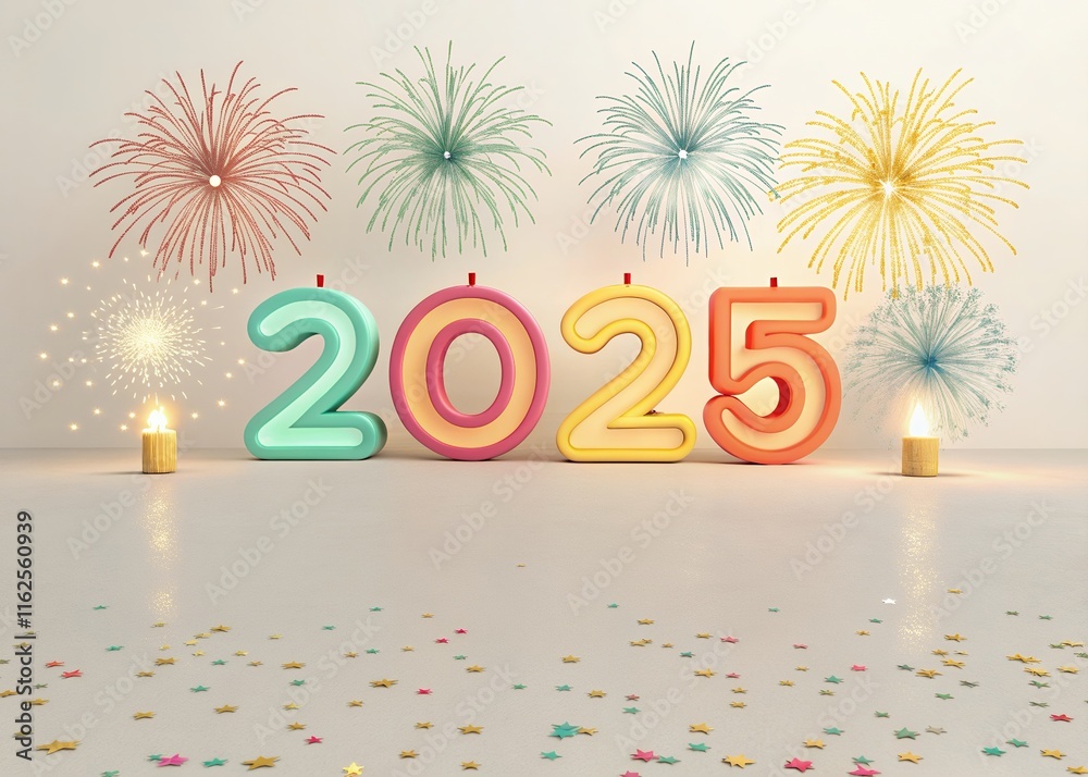 Fototapete Happy New year with numbers 2025 with date on fireworks background and design template.