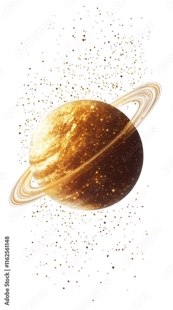 Fototapete golden planet with asteroid belt rotating in space on transparent background, perfect for space expl