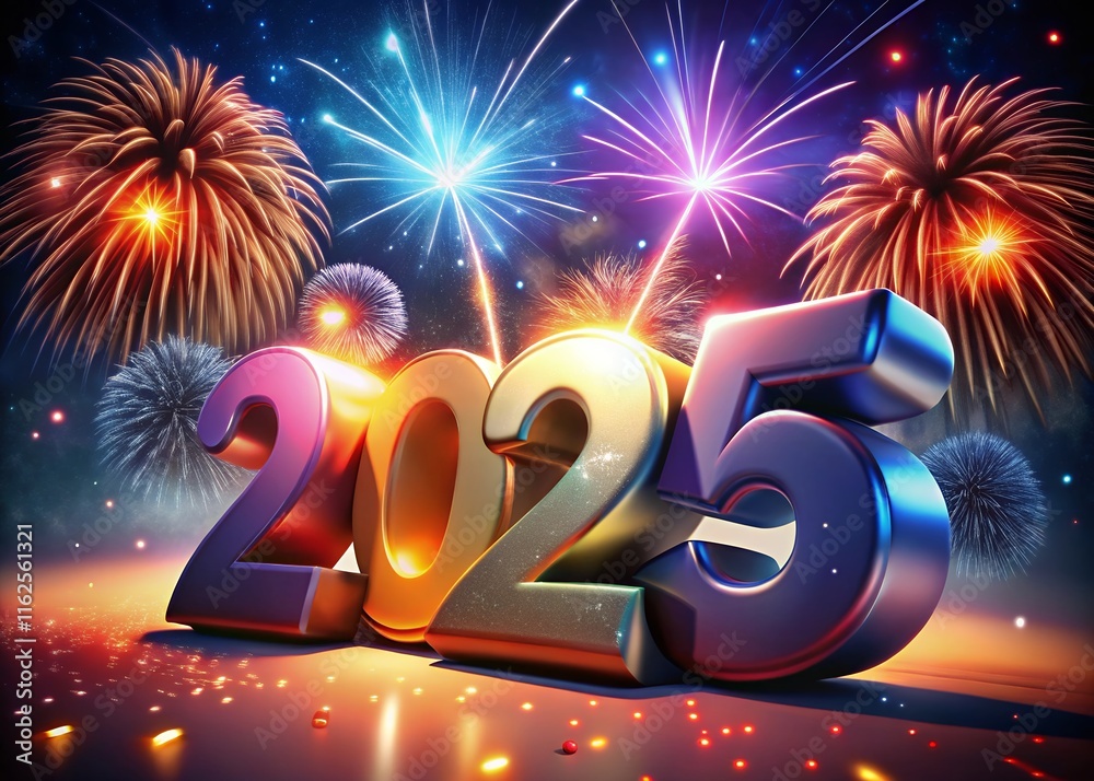 Fototapete happy new year with numbers 2025 with date on fireworks background and design template.