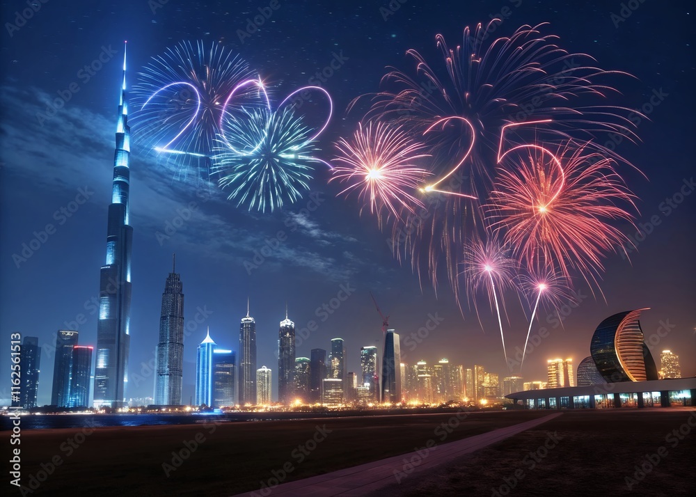 Fototapete happy new year with numbers 2025 with date on fireworks background and design template.