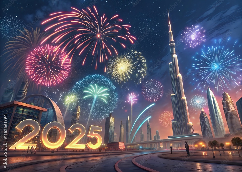 Fototapete Happy New year with numbers 2025 with date on fireworks background and design template.