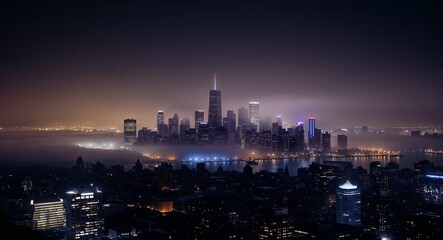 City skyline at night where fog adds mystery and depth to the view