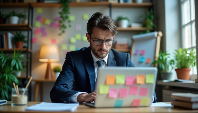 Businessman in suit looks stressed working on laptop. Many colorful sticky notes cover laptop, office wall. Appears tired overworked, overwhelmed by tasks. Indoor office setting with plants.