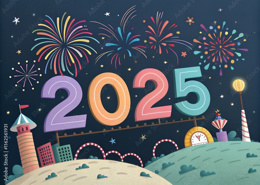 Fototapete happy new year with numbers 2025 with date on fireworks background and design template.