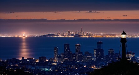 City skyline with a distant lighthouse guiding ships in the night