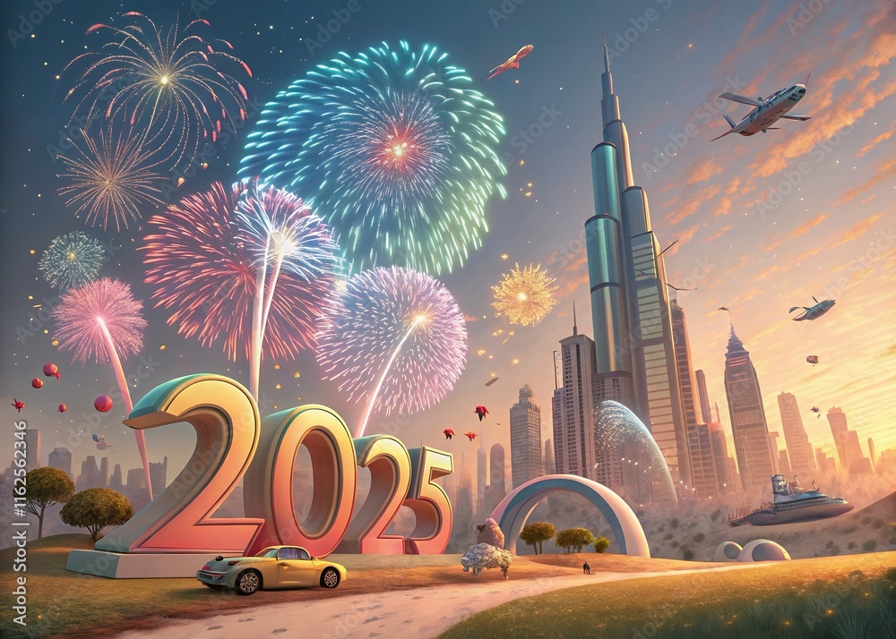 Fototapete Happy New year with numbers 2025 with date on fireworks background and design template.