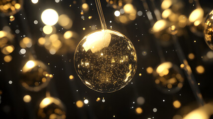 Futuristic spinning orbs surrounded by luminous data particles, golden christmas balls