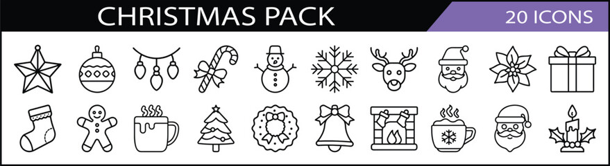 Christmas Holiday Icons Collection - A collection of 20 icons celebrating Christmas, including Santa, gifts, trees, ornaments, snowflakes, and festive decorations.