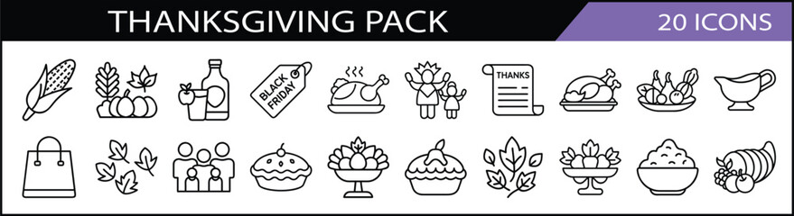 Thanksgiving Celebration Icon Pack - A pack of 20 icons highlighting Thanksgiving traditions, featuring turkey, pies, family gatherings, Black Friday, cornucopia, and autumn leaves.