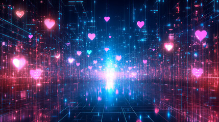 Obraz premium Digital computer background with hearts, holographic effect