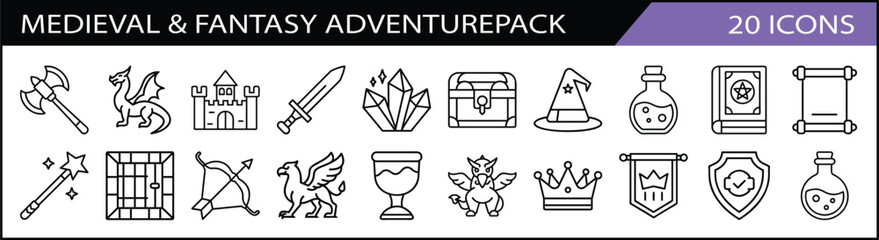Medieval and Fantasy Adventure Icons - A themed pack of 20 line icons featuring medieval and fantasy elements like dragons, swords, castles, and magical potions for creative projects. © Waliul