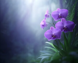 Serene purple orchids bloom in a mystical forest setting, bathed in soft, ethereal light.  A breathtaking image perfect for nature-themed projects.