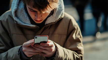 Young drug addict texting the plug on the street, eager to get his fix