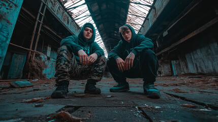 Fototapeta premium Junior street gang members on their hunkers