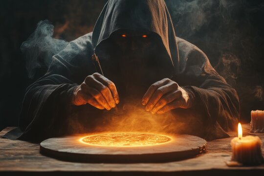 A shadowy figure solving an ancient glowing IQ puzzle in a gothic chamber, illuminated by flickering candlelight