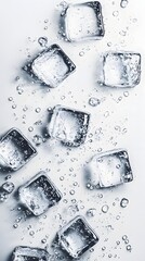 Several ice cubes scattered with water droplets