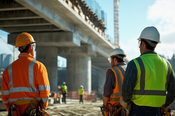 Construction workers oversee progress on major bridge project at midday under clear skies