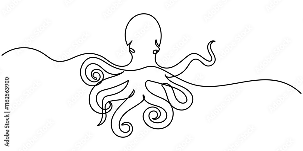 Poster octopus continuous line art drawing style. minimalist black octopus seafood outline. editable active
