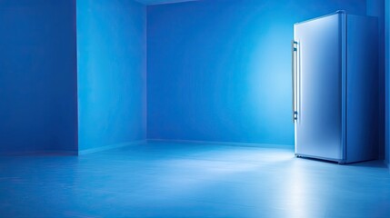 Fridge Stands Empty in a Cool Blue Kitchen, Revealing the Surprise of an Empty Meal Plan