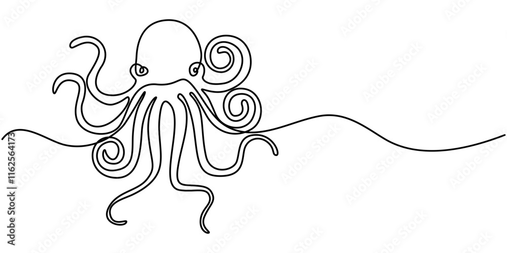 Poster octopus continuous line art drawing style. minimalist black octopus seafood outline. editable active