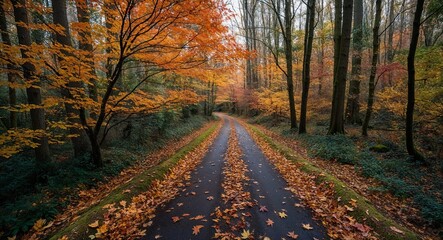 Obraz premium Forest path with leaves swirling in the wind capturing the essence of autumn