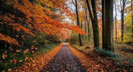 Fototapeta premium Forest path with leaves swirling in the wind capturing the essence of autumn