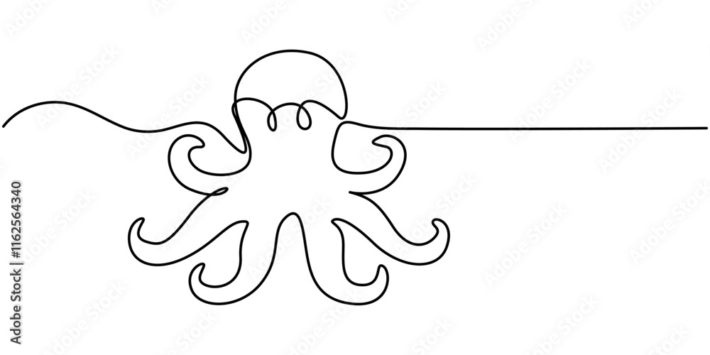 Poster octopus continuous line art drawing style. minimalist black octopus seafood outline. editable active