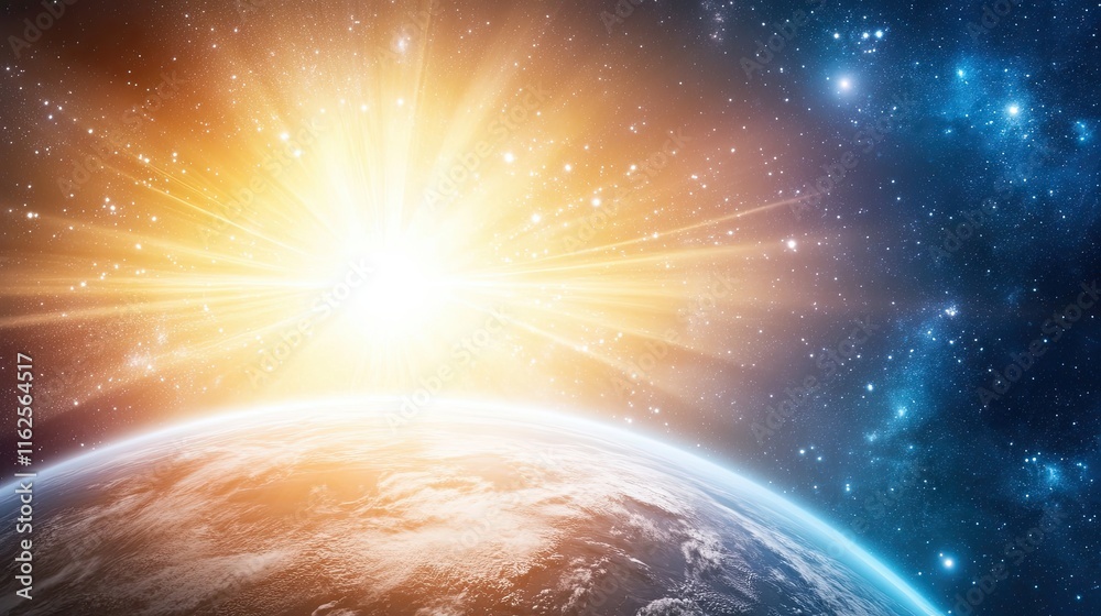 Poster exploring the secrets of the third planet amidst radiant cosmic beginnings