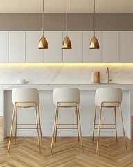 Modern kitchen interior design with white marble countertops, gold pendant lights, and three minimalist white bar stools.  A sophisticated and elegant space.