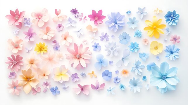A soft and charming pastel-themed seamless floral vector design arranged on a clean white canvas. 