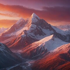 A 3D animated view of icy mountain peaks glowing in the pink and orange hues of a winter sunrise.