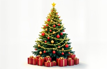 Naklejka premium Festive decorated Christmas tree with red and gold ornaments and glittering lights. Presents lie at base of tree against plain white background. Perfect image for holiday cards or seasonal designs.