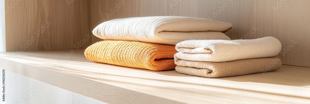 Poster Cozy Collection of Textured Towels Arranged Neatly on a Simple Wooden Shelf in Warm Afternoon Light