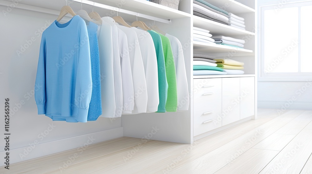 Poster wardrobe of dreams showcasing a serene collection of colorful garments in a bright minimalist space