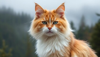 Fototapeta premium beautiful of a cat with colorfuls hair and the background is a misty mountain forest