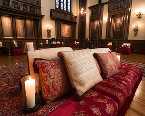 Serene interior scene with ornate cushions, candles, and ancient text, creating a peaceful and spiritual ambiance within a grand hall.