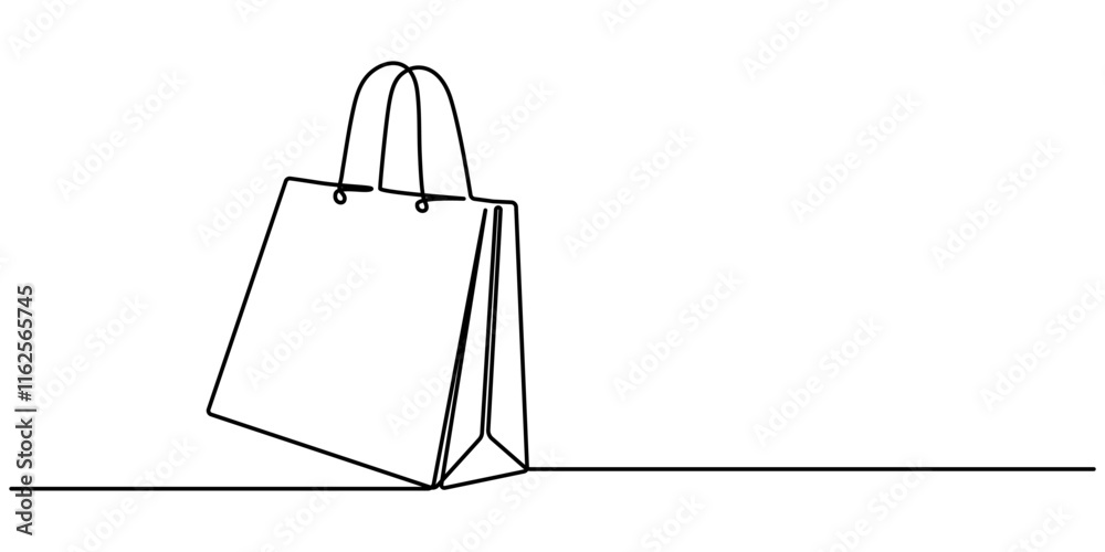Poster shopping bag in continuous line art drawing style. paper package black linear sketch isolated on whi