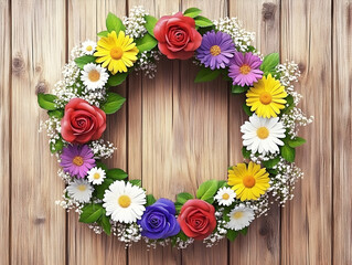 Vibrant floral wreath of roses, daisies, and wildflowers arranged on rustic wooden background; perfect for spring or summer themes.