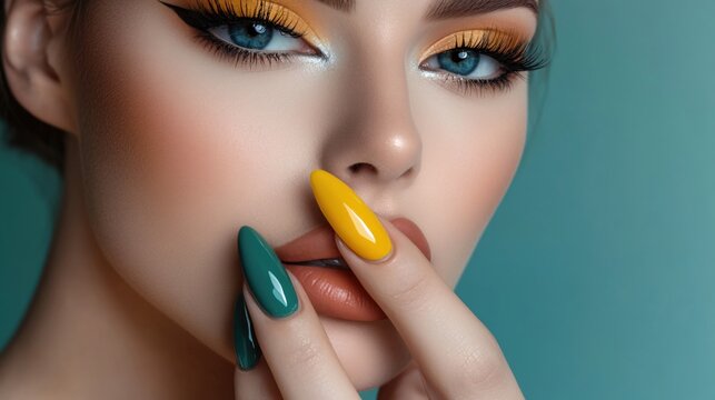 Stunning Close-Up of Woman with Bold Makeup and Colorful Manicure on Light Background