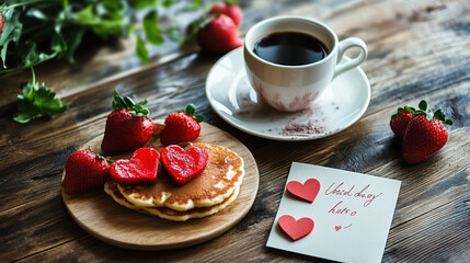 Romantic Breakfast Pancakes With Strawberries And Coffee