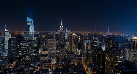 Night view of the city where skyscrapers create a jagged line against the sky