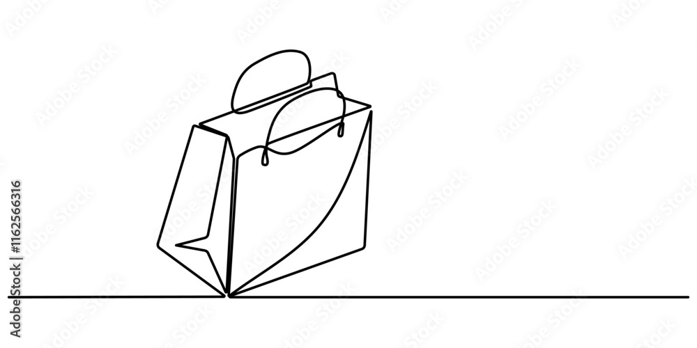 Poster Shopping bag in continuous line art drawing style. Paper package black linear sketch isolated on white background. Vector illustration, Continuous single line drawing of shopping bag design. Simple .