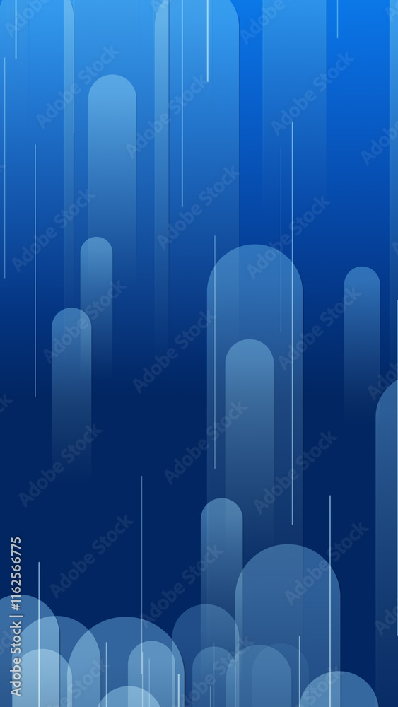Poster blue lines and shapes are moving from the bottom of a gradient abstract background, vertical composi