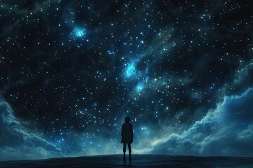 Fototapeta premium Solitary Figure Gazing at a Starry Night Sky