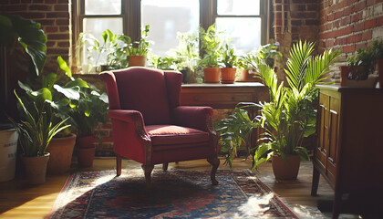 Sunlit living room with antique armchair, potted plants, and brick walls.  Relaxing home interior scene.
